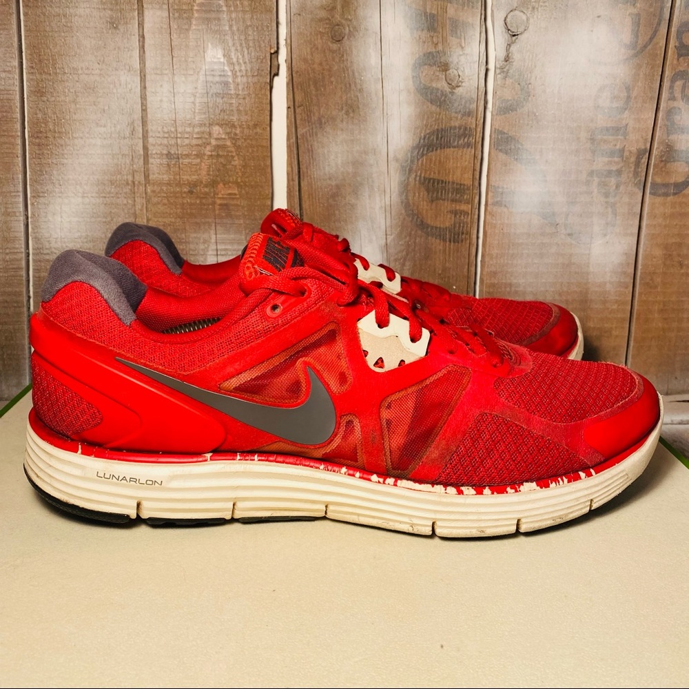 Nike Mens Lunar Glide Plus 3 454164-601 Red Gray Running Shoes Sneakers Size 11
